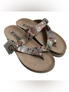 Mephisto Helen Beige Multicolor Metallic Splatter Leather Thong Toe Sandals $175